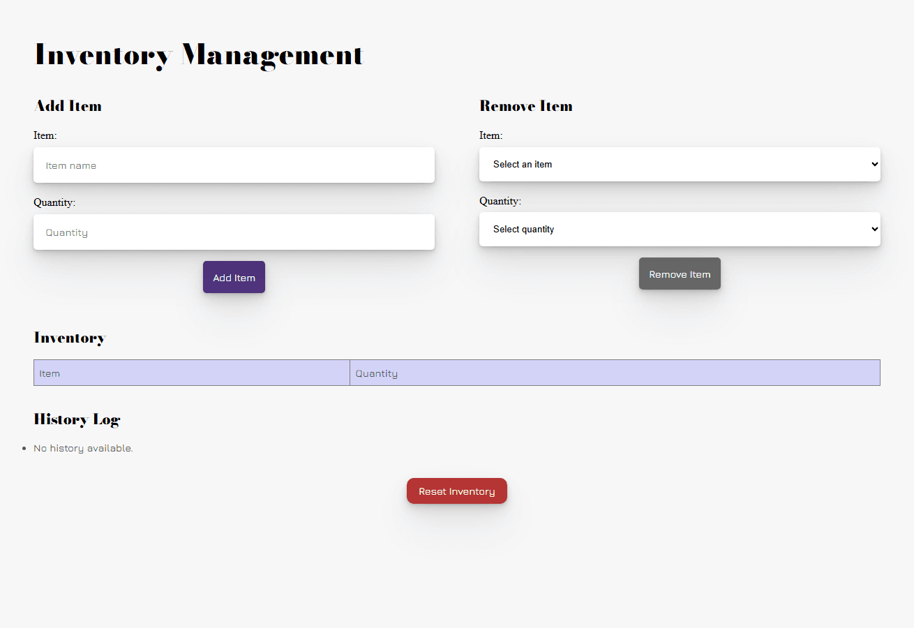 Inventory management dashboard with add and remove item forms, an inventory table, and a history log