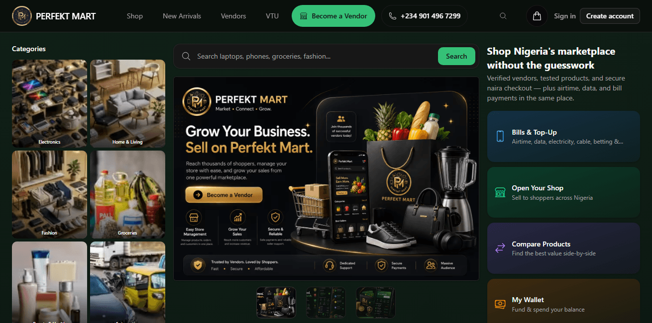 Perfekt Mart marketplace homepage with category grid, seller-recruitment banner, and quick-access feature cards