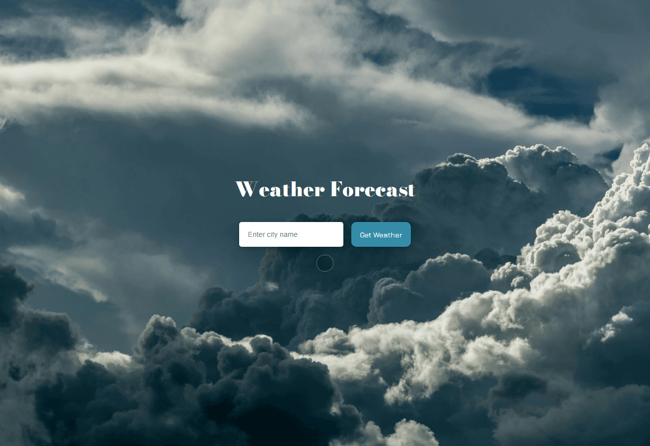 Weather forecast landing page with a dramatic cloud background, city search input, and a Get Weather button