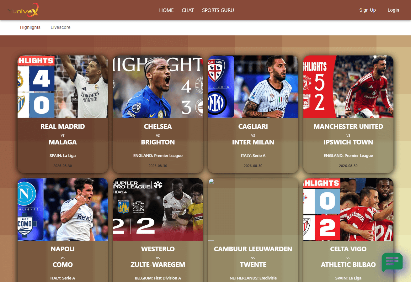 Yunivax homepage with a top navigation bar, highlights and livescore tabs, and a grid of football highlight cards